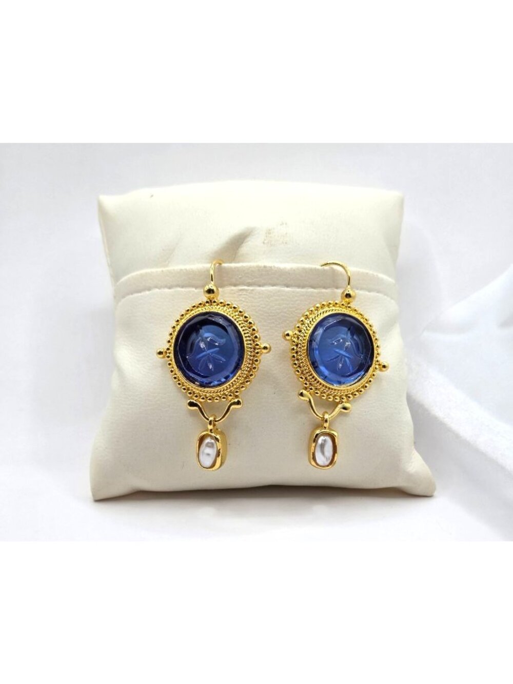 Gold-Plated Hook Earrings With Blue Acrylic Discs & Faux Pearl Danglers